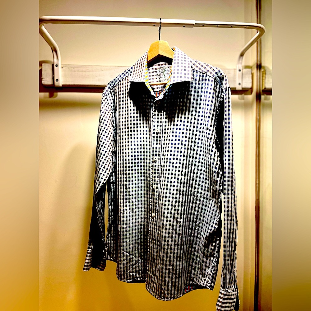 BUGATCHI shape fit, tailored men’s blue checkered dress shirt, large